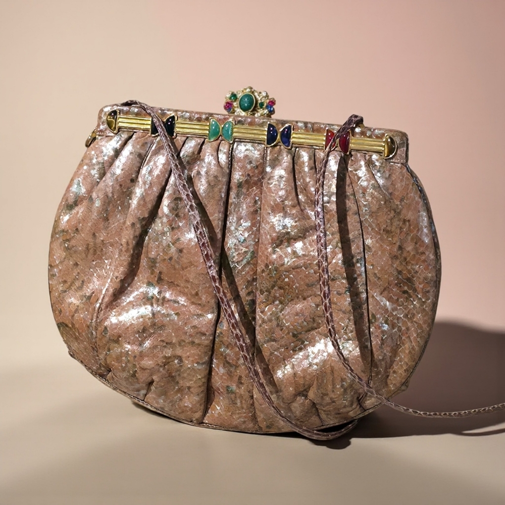 Vintage Judith Leiber Snakeskin Frame Shoulder Bag Gold Tone Enamel Bow